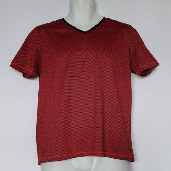 Hugo Boss Mercerized Cotton V Neck Shirt Red Blk L - Picture 1 of 4